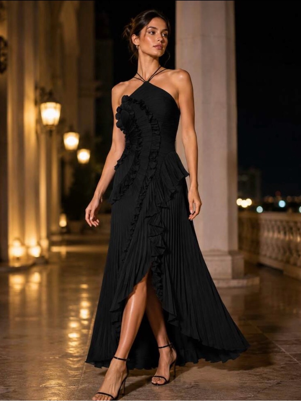 Black Ruffle Halter Evening Dress